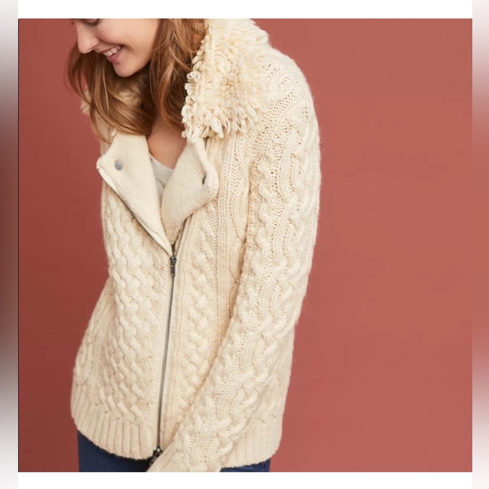 Moth Anthropologie Ivory Cable Knit Fringe Collar Moto Zip Jacket Sweater